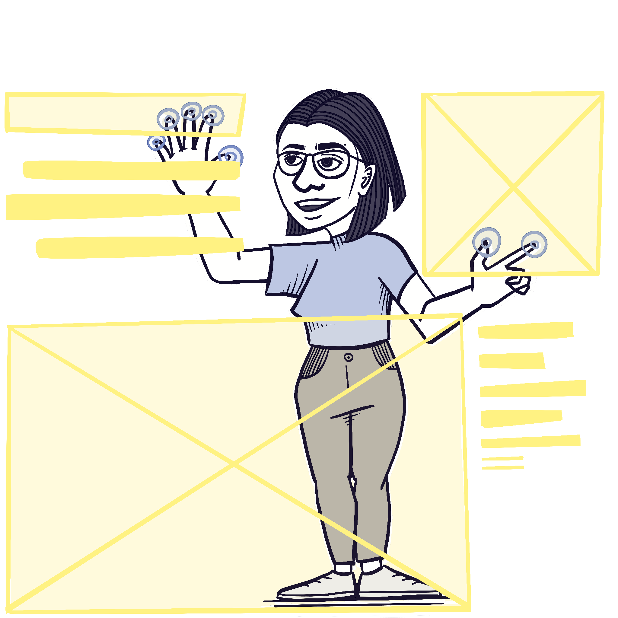Illustration of a woman adjusting layout and typo.